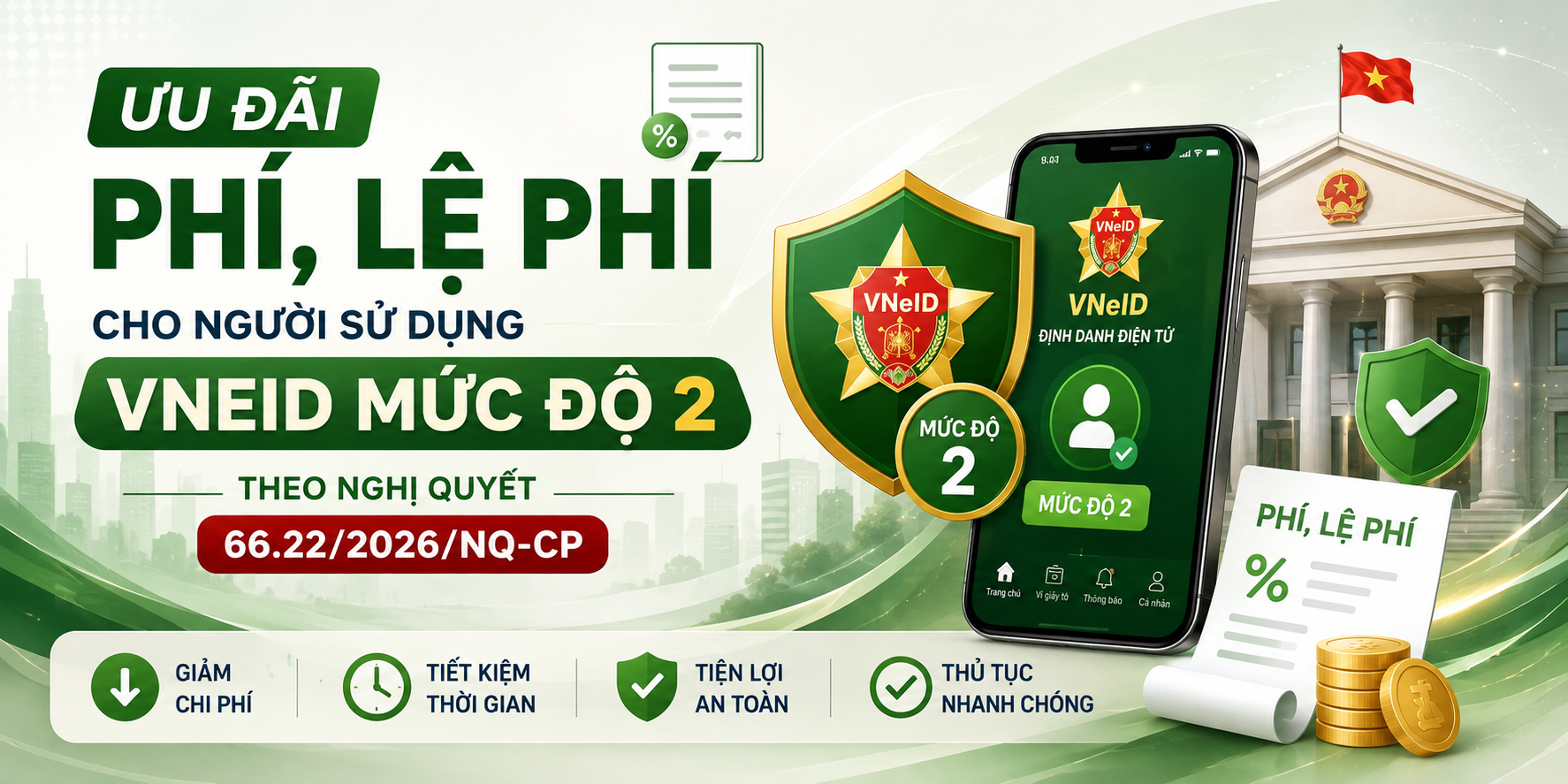 Ưu đãi phí, lệ phí đối với người sử dụng VNeID mức độ 2 theo Nghị quyết 66.22/2026/NQ-CP